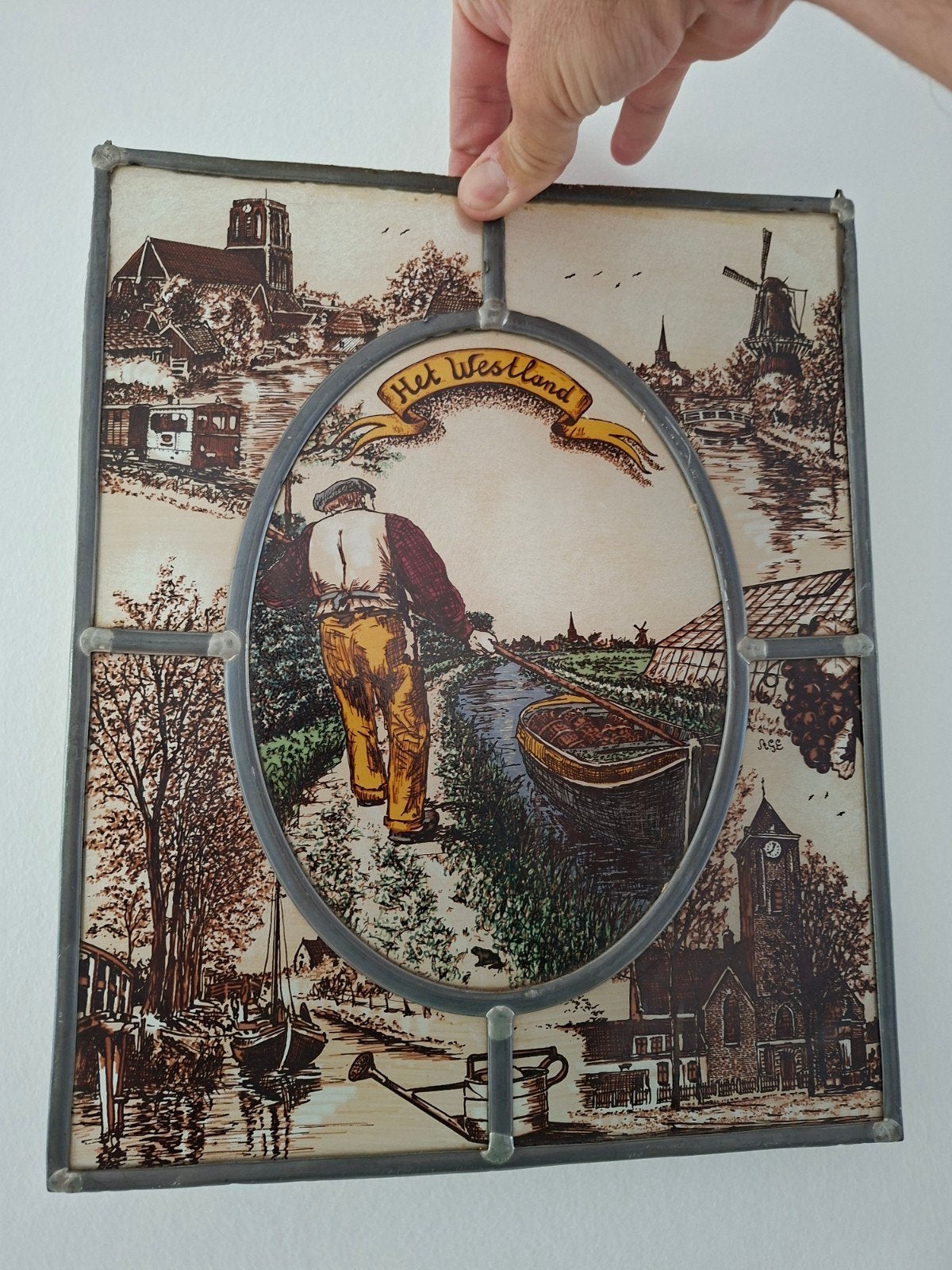 vintage antiek gebrandschilderd glas in lood raam €35, Gebruikt, Minder dan 80 cm, Ophalen of Verzenden, Glasplaat