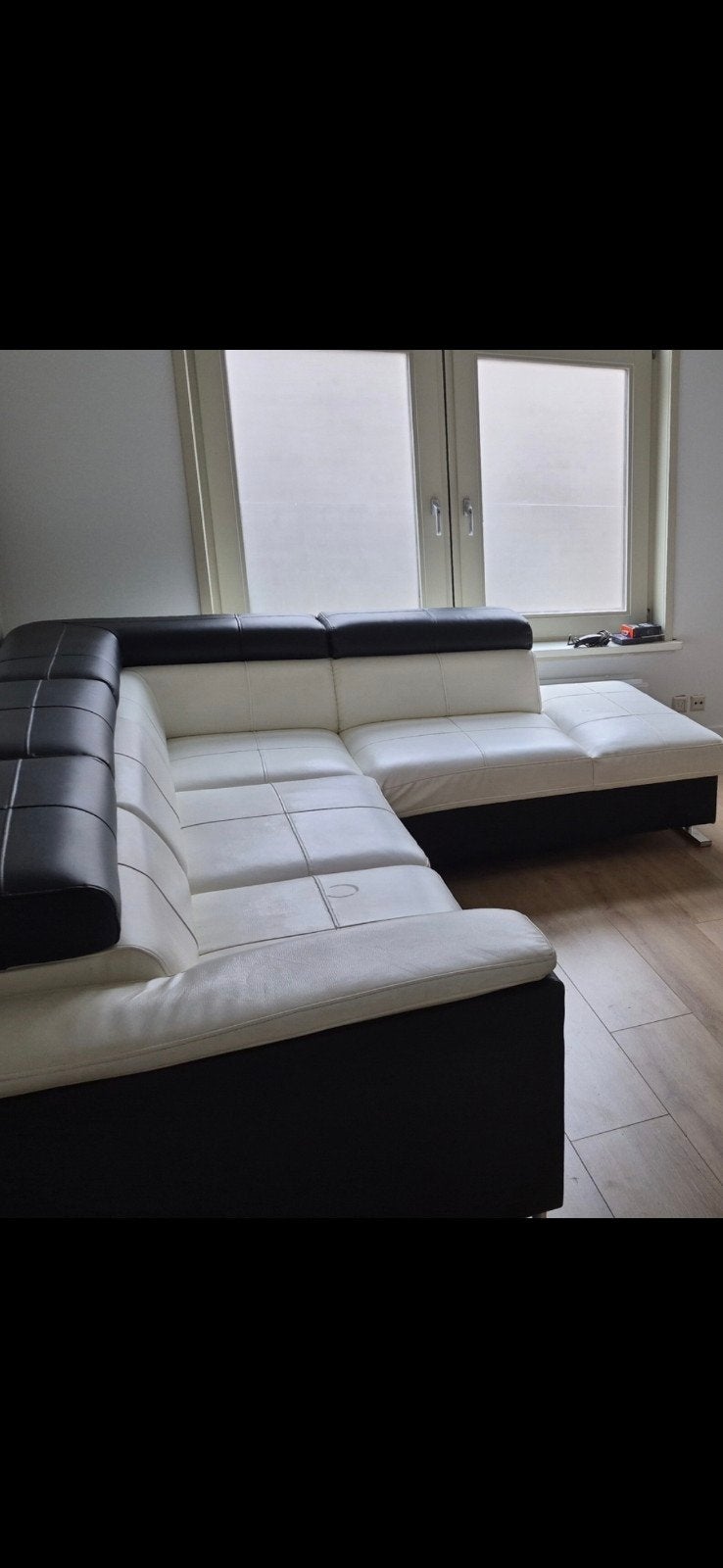 Moderne Hoekbank Zwart/Wit Leer, Ophalen, Gebruikt, Hoekbank, Leer