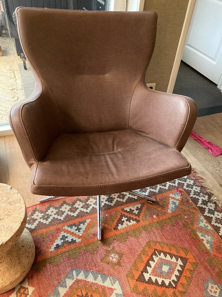 Conform Gyro design fauteuil – Jan Ekström – Bruin leer, Ophalen, Gebruikt, Scandi design, 50 tot 75 cm
