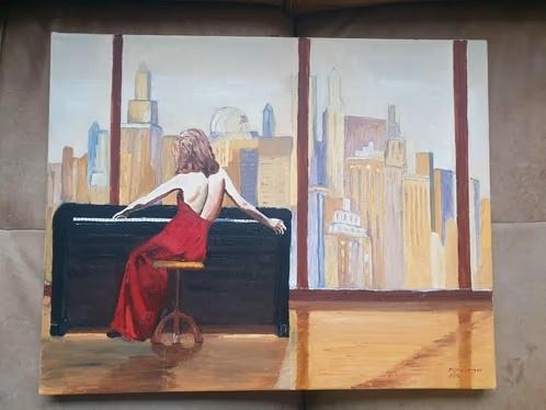 schilderij   vrouw achter piano skyline stad PSJA van Langen, Ophalen