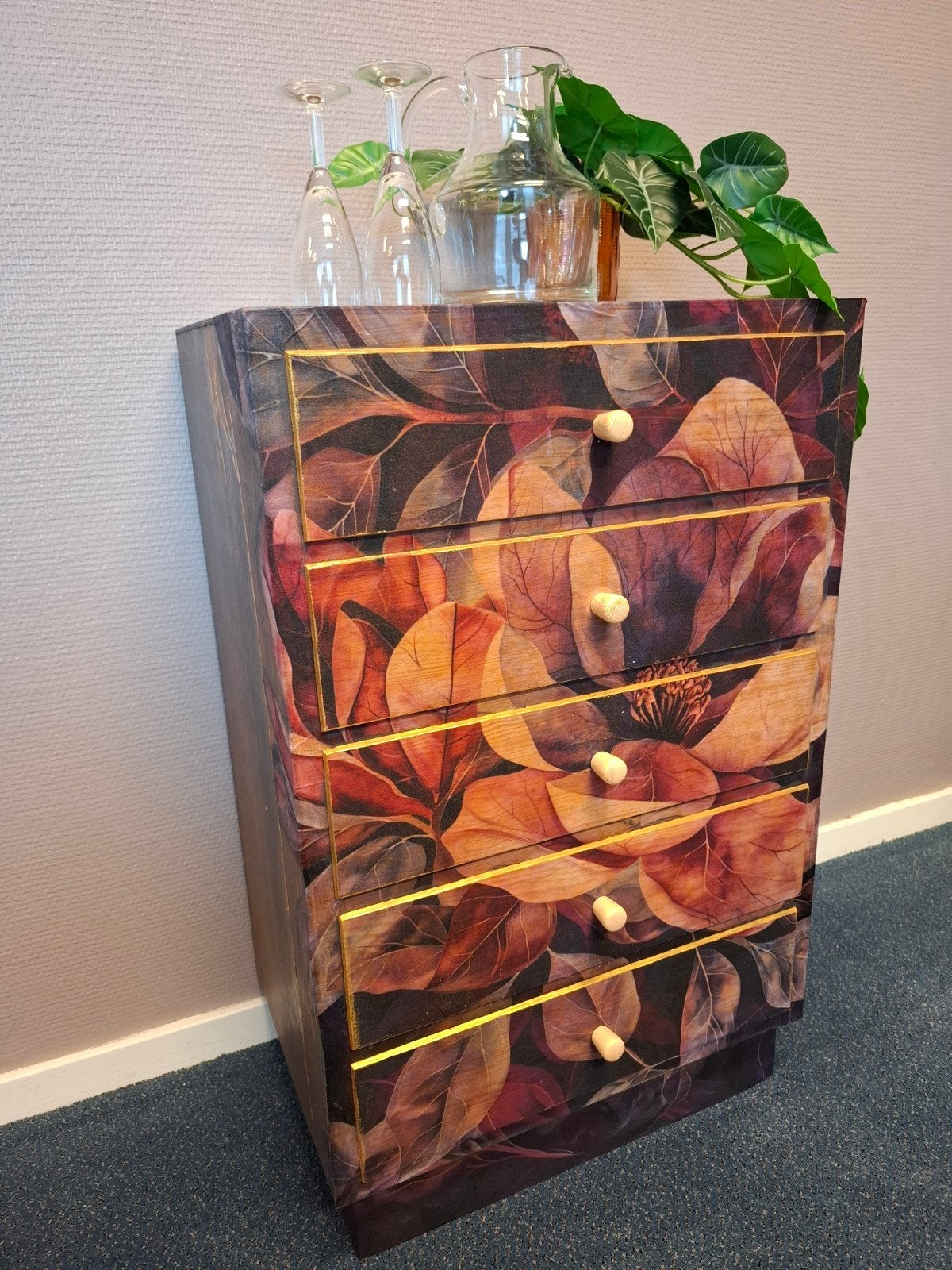 Unieke ladekast met botanische print - 45x30x72 cm, Ophalen, Minder dan 50 cm, Gebruikt, 5 laden of meer