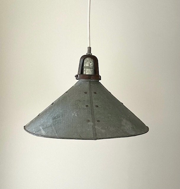 Franse industriële hanglamp zink / aluminium, Ophalen of Verzenden, Gebruikt, Metaal, E14 (klein)