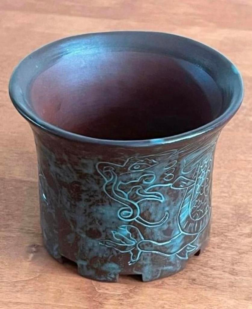 Bonsai pot handgemaakt Draak gedecoreerd aardewerk 11,3x9, Rond, Nieuw, Ophalen of Verzenden, Aardewerk