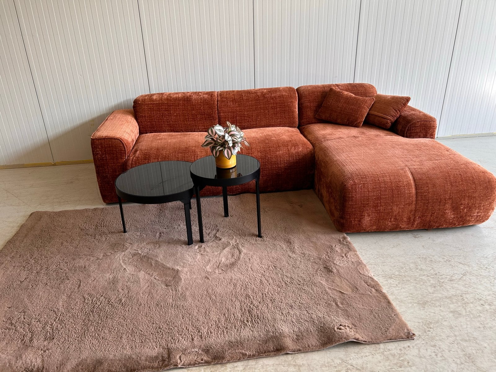 WOOD luxe hoekbank / loungebank – terracotta – uitklapbaar, Huis en Inrichting, Ophalen, ., ., Vierpersoons of meer