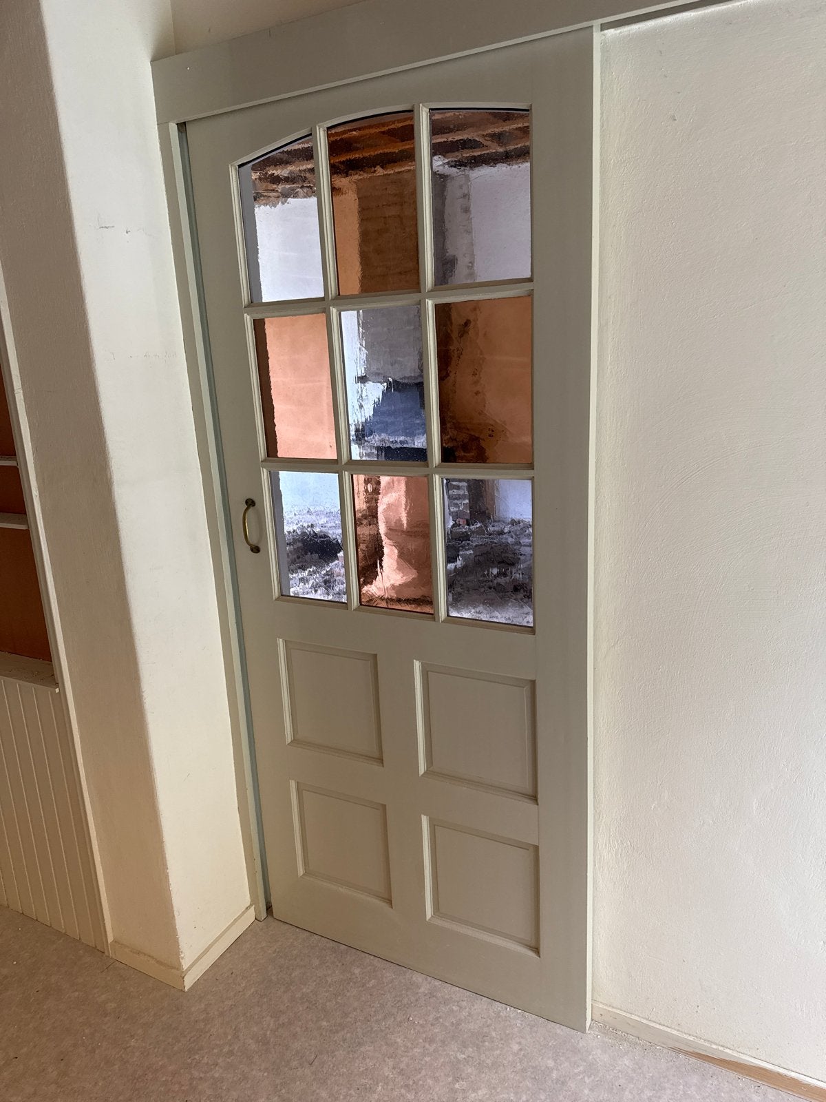 Te koop: Schuifdeur met glas en Henderson schuifrail, Ophalen, Gebruikt, 80 tot 100 cm, Binnendeur