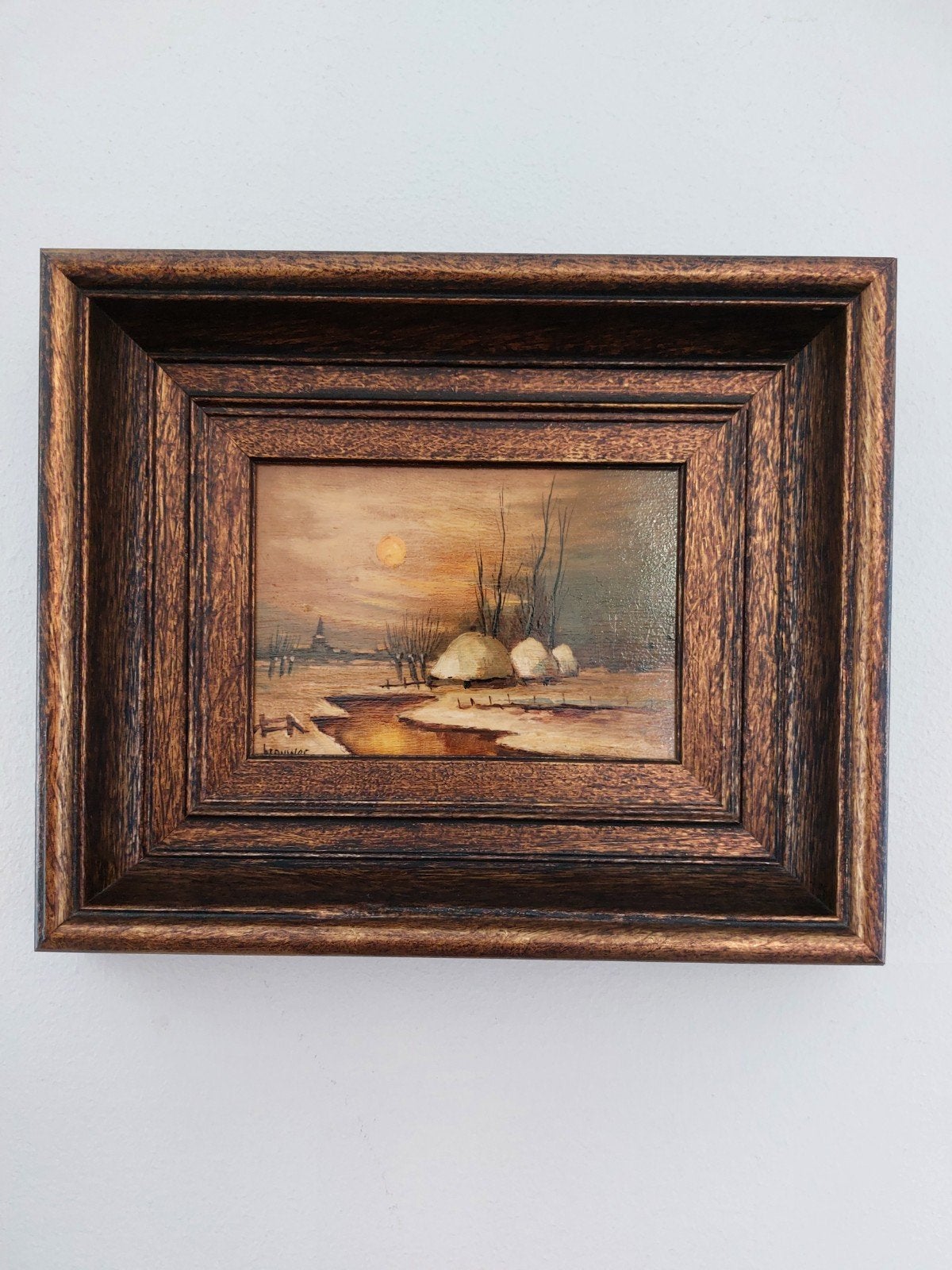 Schilderij Winterlandschap met Zonsondergang, Paneel, Ophalen of Verzenden, Landschap, Klassiek