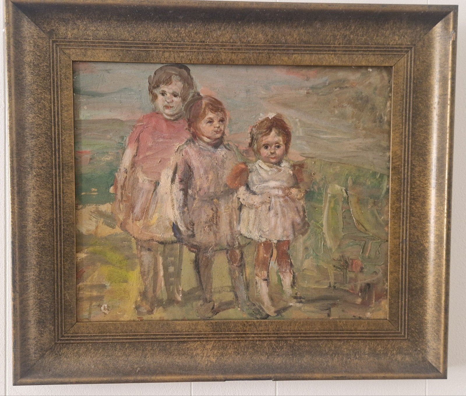 Olieverfschilderij van drie kinderen, ingelijst, Antiek en Kunst, Kunst | Schilderijen | Klassiek, Ophalen