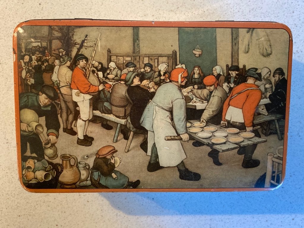 Oud vintage blik Pieter Breughel. De boerenbruiloft., Verzamelen, Ophalen of Verzenden, Gebruikt, Koek(jes), Overige merken