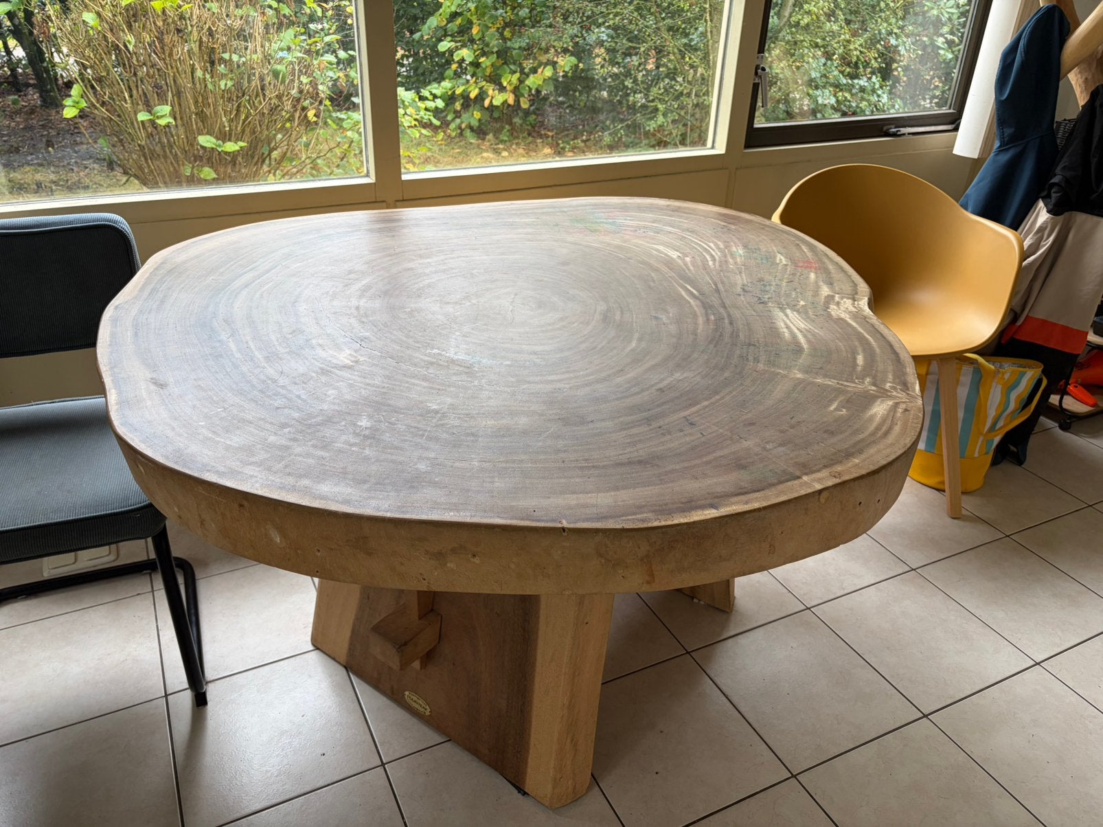 Prachtige Puurteak Stamboomtafel 127 x 140, Ophalen, Zo goed als nieuw, Ovaal, 100 tot 150 cm
