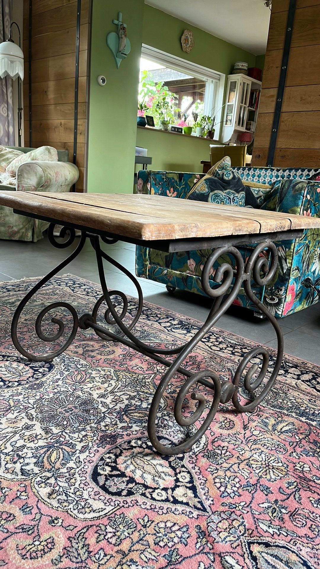 Landelijke salontafel bijzettafel 65x65x53h ijzer en hout, Gebruikt, 50 tot 100 cm, Landelijk Klassiek Boho Bohemian Ibiza, Vierkant