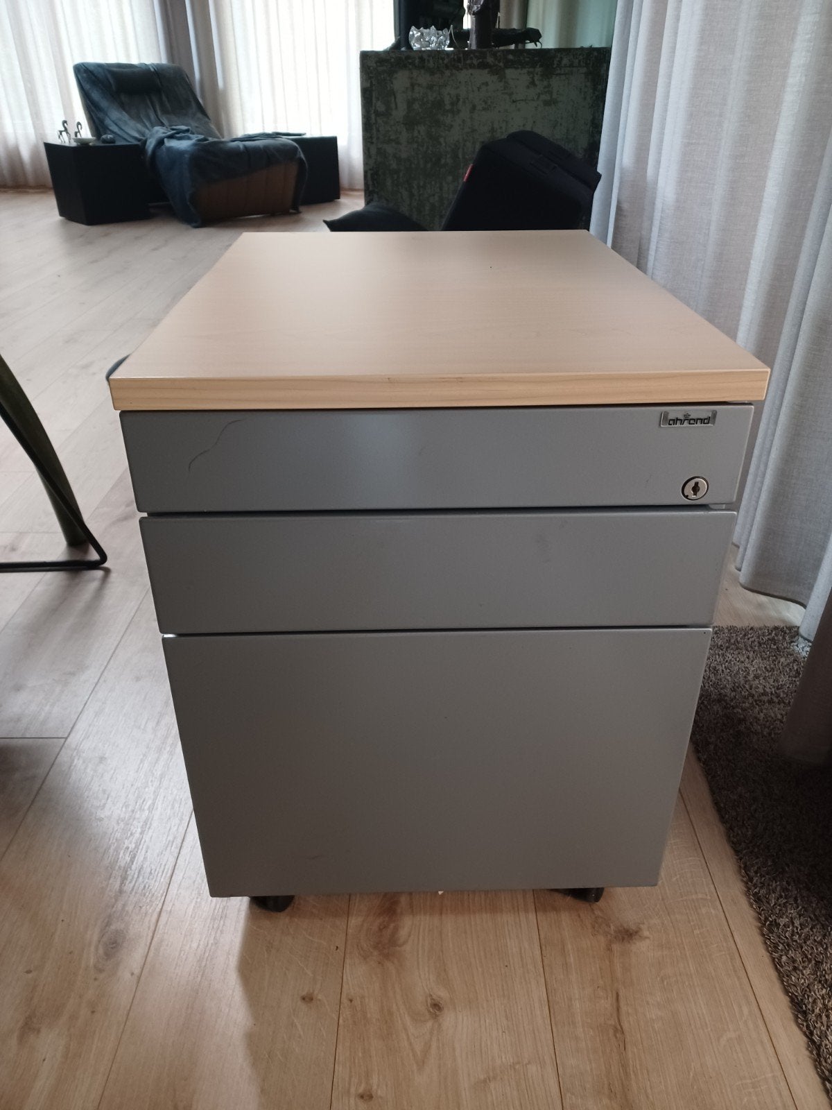 Ladeblok met 3 laden, grijs met licht houten blad, Ophalen, Gebruikt