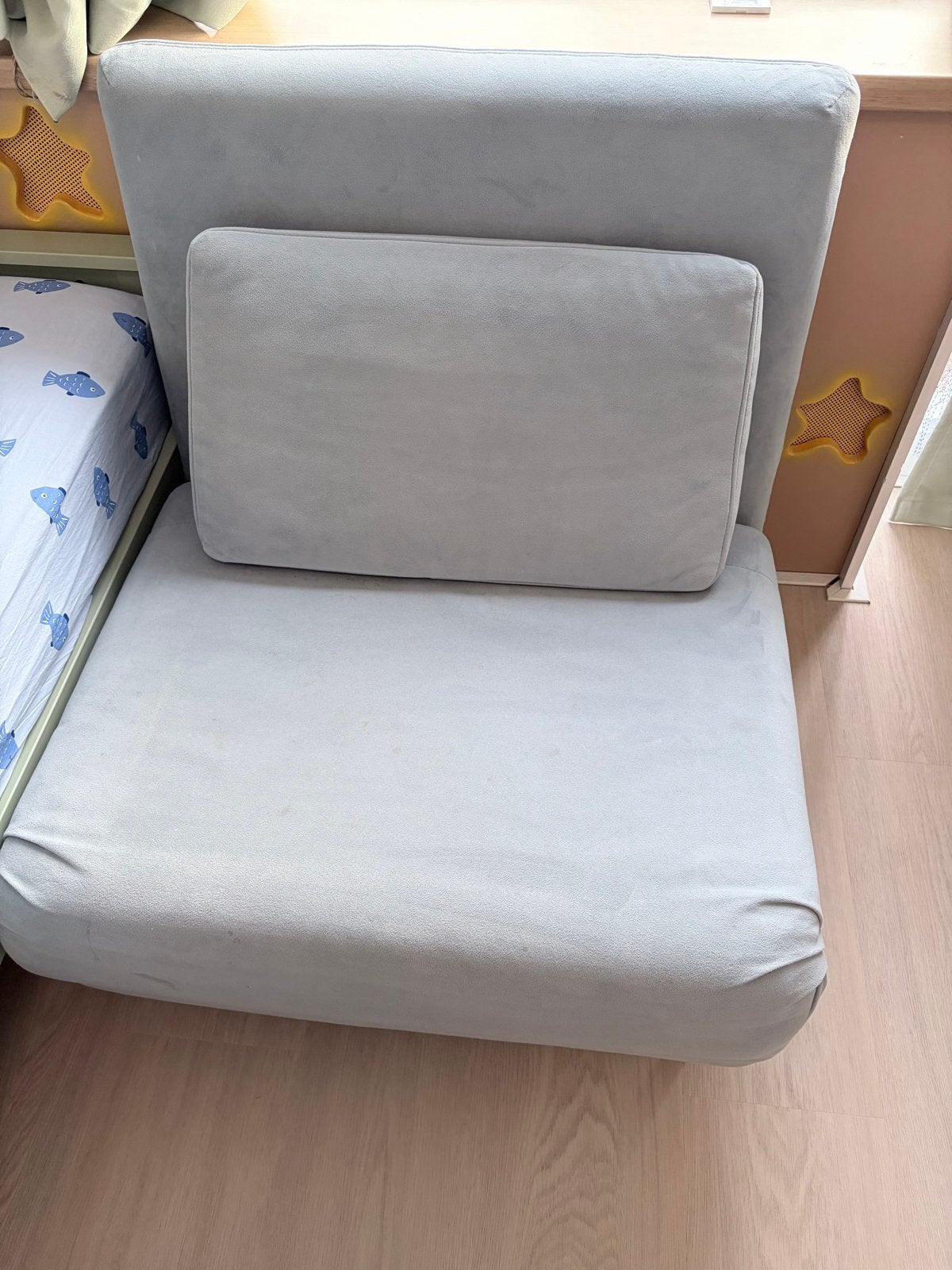 Lichtblauwe 1 persoons slaapbank/slaapfauteuil, Gebruikt, Eenpersoons, 80 cm, Grijs