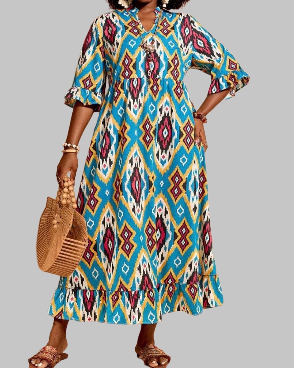 Maxi Jurk met Etnische Print en Ruches (46-54), Kleding | Dames, Verzenden, Nieuw, Meerkleurig, Jurk