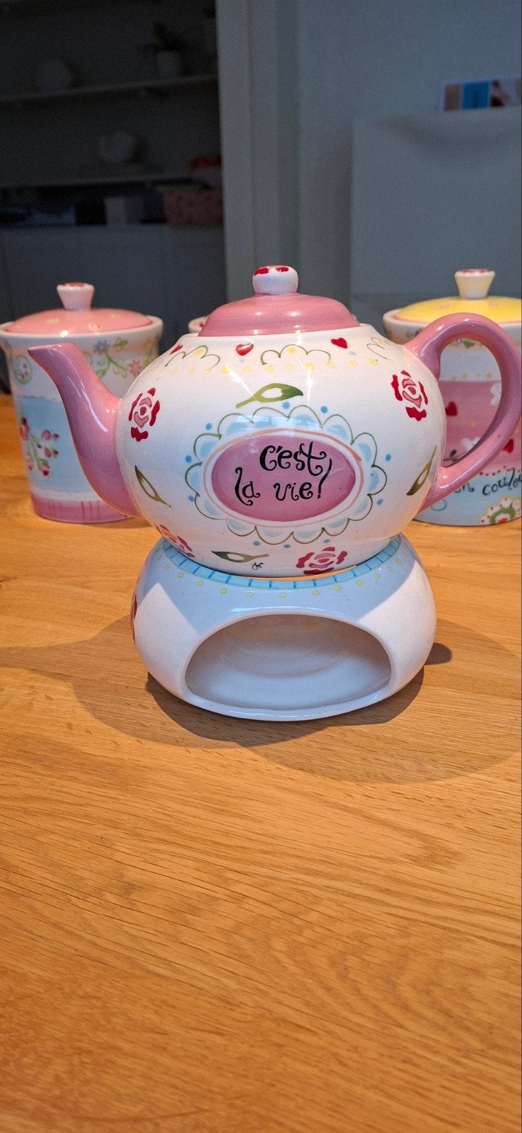 Jet by ter Steege Theepot met theelichtje - C'est la vie, Theepot/fluitketel, Gebruikt, Ophalen of Verzenden, Steen/keramiek