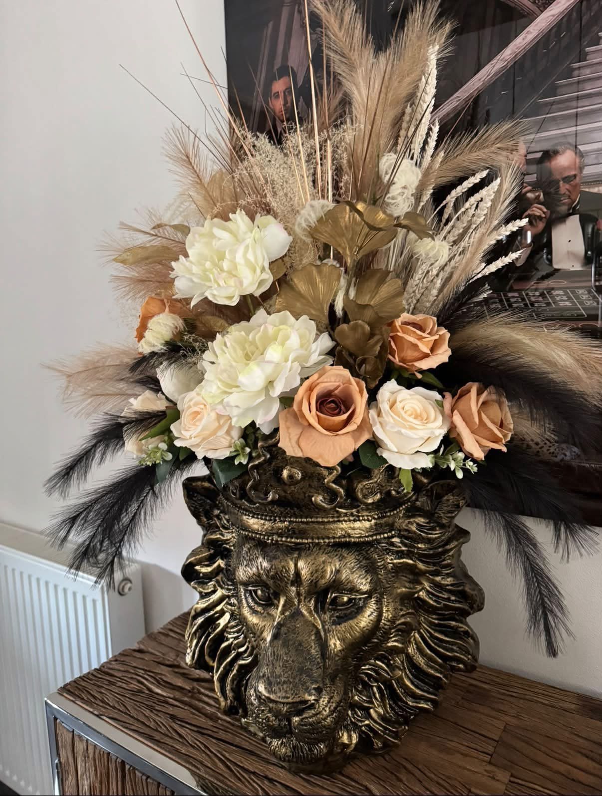 Mooie gouden leeuwenkop met kunst bloemstuk, Ophalen of Verzenden, Zo goed als nieuw