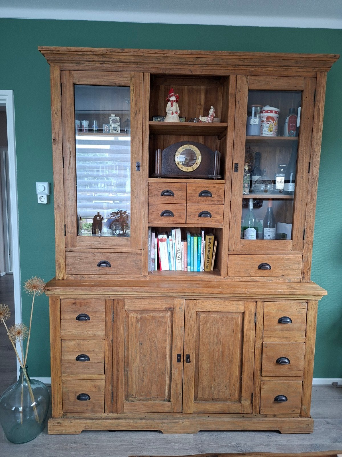 Massief Teakhouten Buffetkast met Vitrine, Ophalen, Gebruikt, Met deur(en), 200 cm of meer