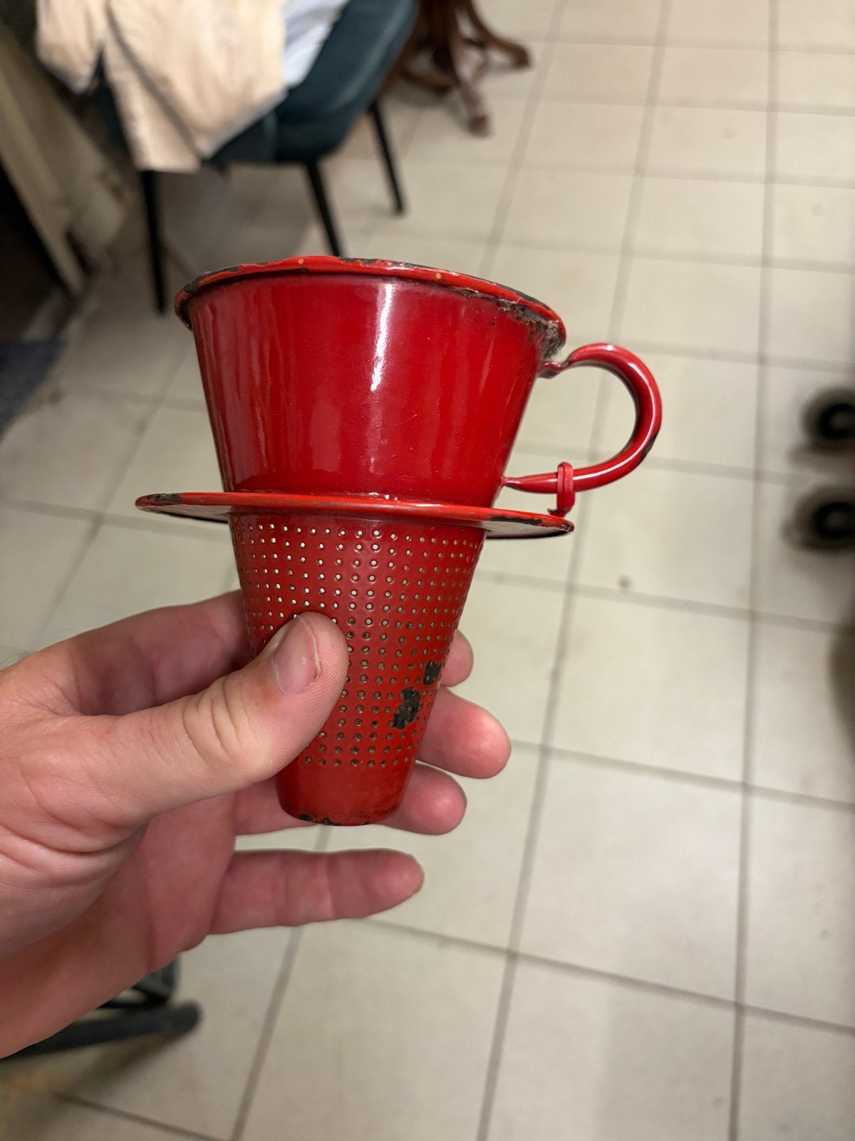 Vintage Emaille Koffiefilter Rood - Handig en Decoratief, Ophalen of Verzenden