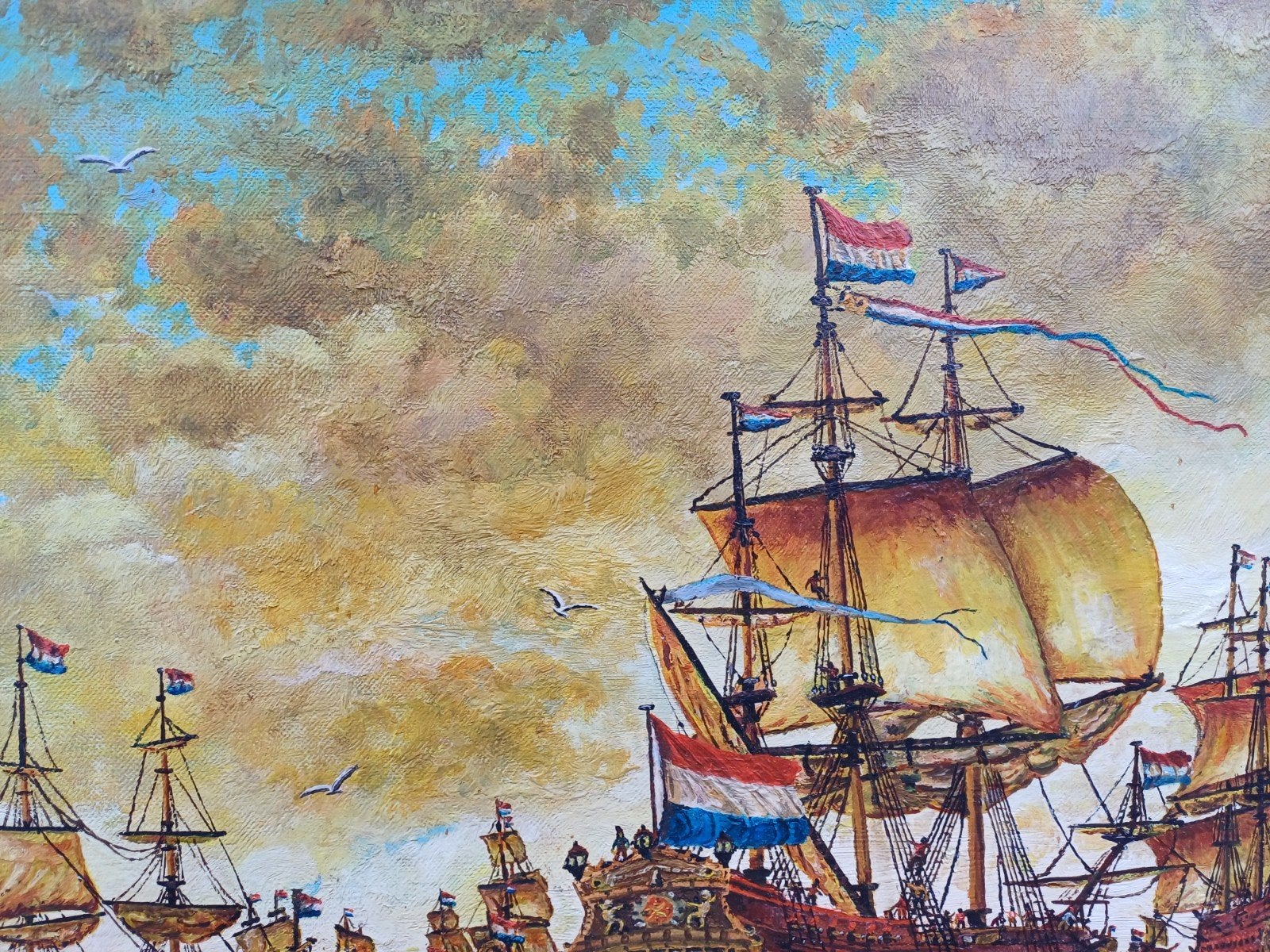 VOC vloot schilderij bij Texel, Maritiem / water, Doek, Realistisch, Ophalen of Verzenden
