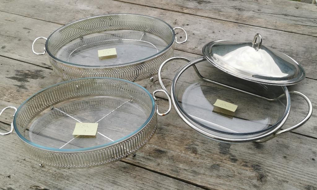 Vintage glazen serveerschalen in verzilverde houder, Ophalen of Verzenden