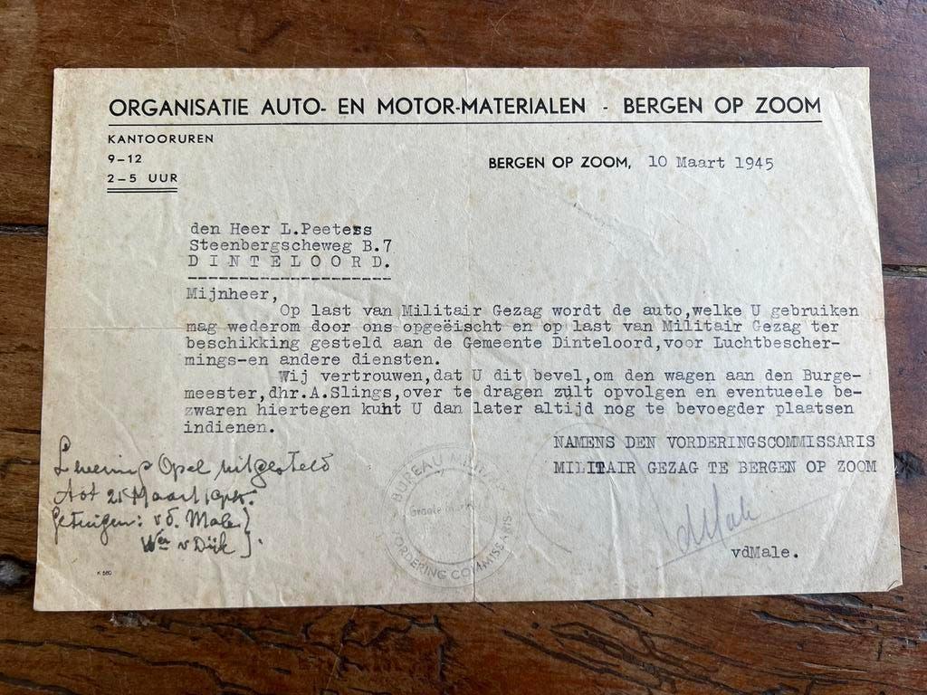 Nederlands auto militair gezag maart 1945 dinteloord BoZ, Verzamelen, Militaria | Tweede Wereldoorlog, Ophalen of Verzenden, Nederland