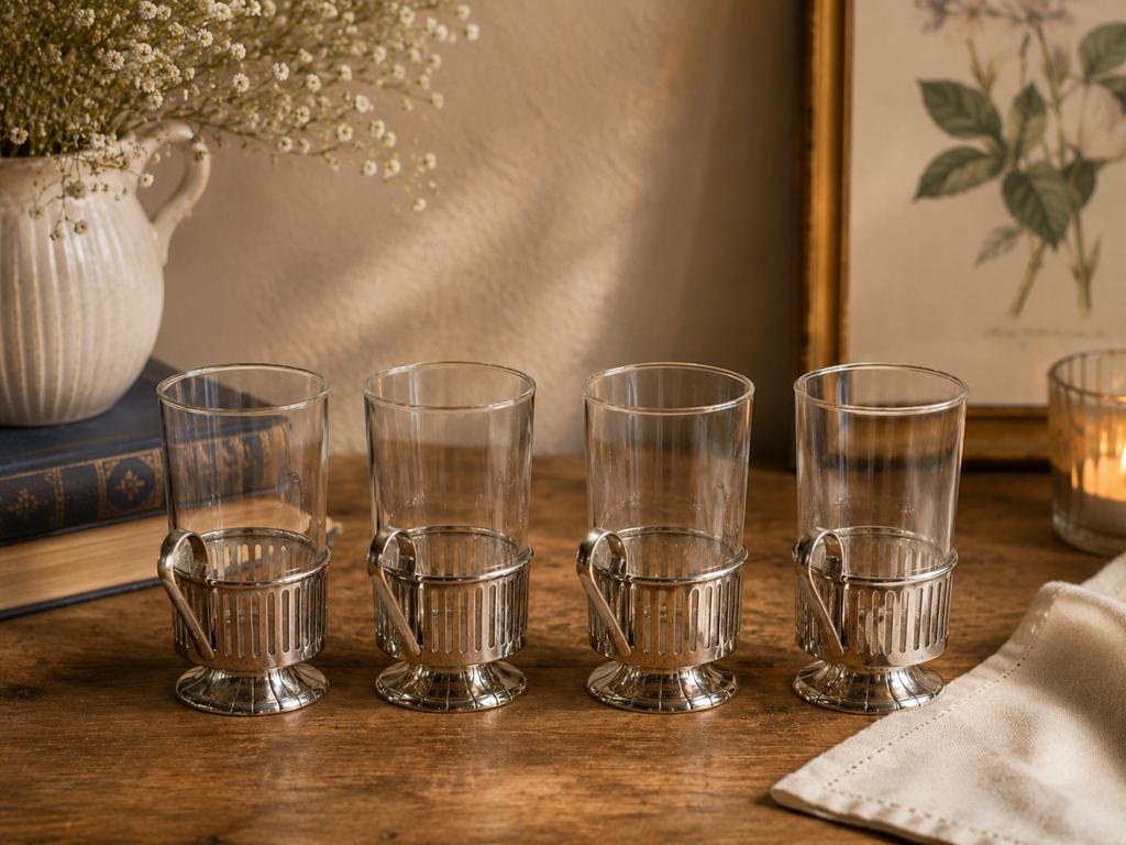 Vintage DE theeglazen in verzilverde houder, Jena glas, Antiek en Kunst, Ophalen of Verzenden