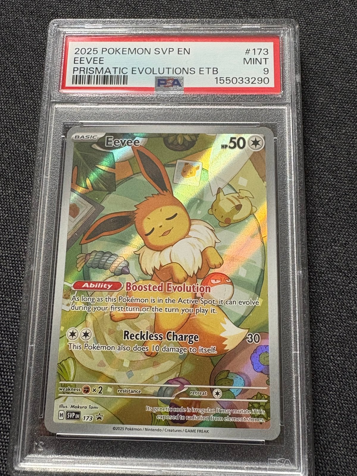 PSA 9 MINT Eevee #173 Prismatic Evolutions ETB Pokémon Kaart, Ophalen of Verzenden, Zo goed als nieuw, Losse kaart