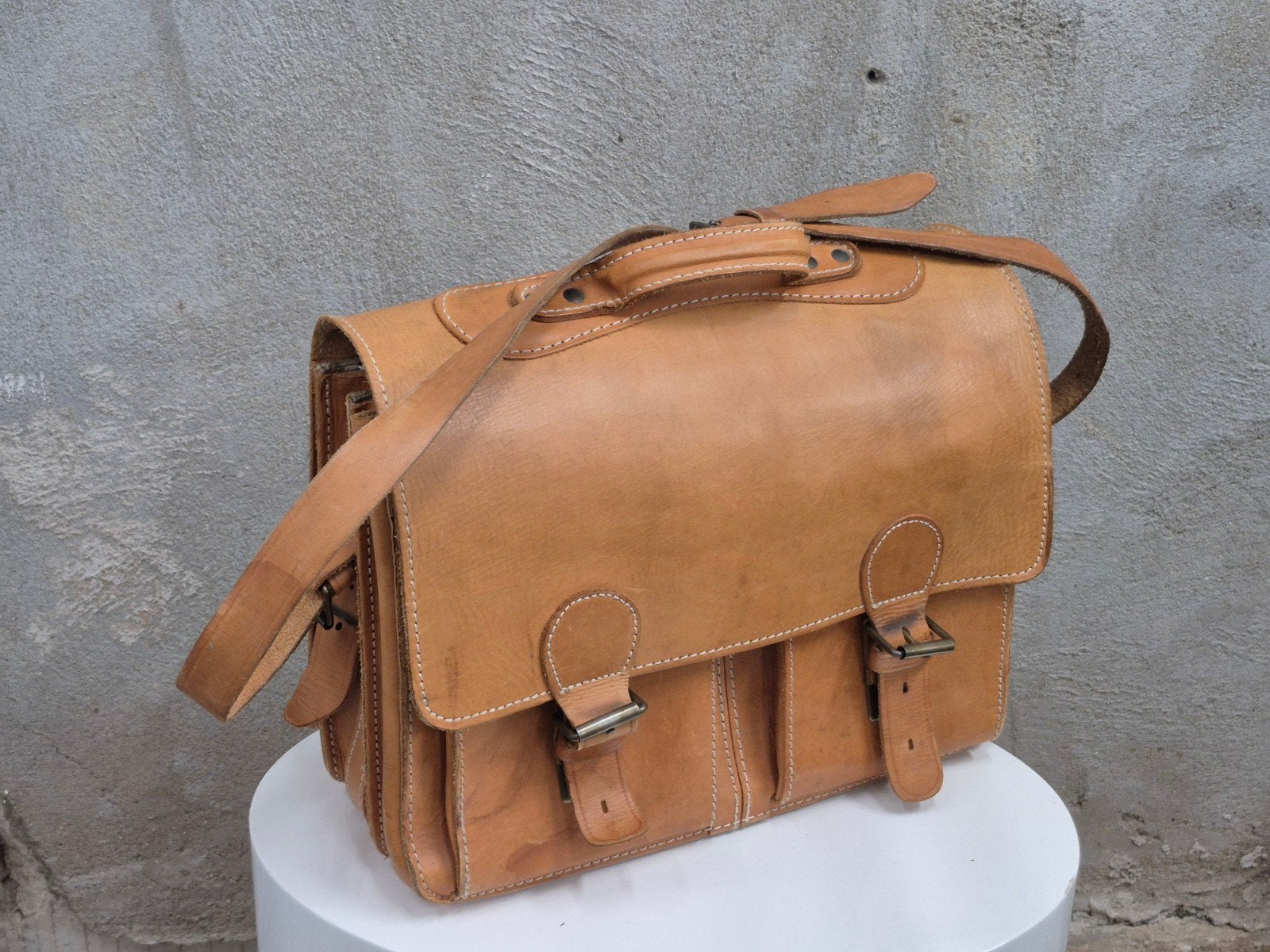 Original ruitertassen leren boekentas laptoptas old skool, Gebruikt, Bruin, Ophalen of Verzenden, 30 tot 40 cm