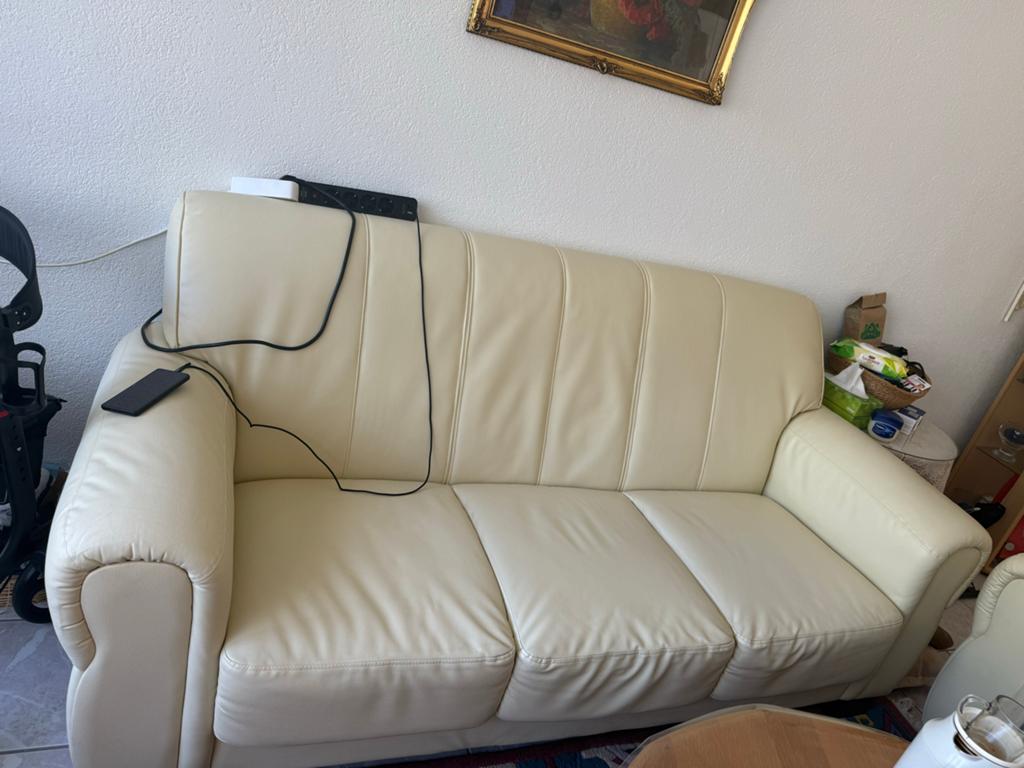 Crèmekleurige leren bank (3-zits en 2-zits), Ophalen, 150 tot 200 cm, Driepersoons, Zo goed als nieuw