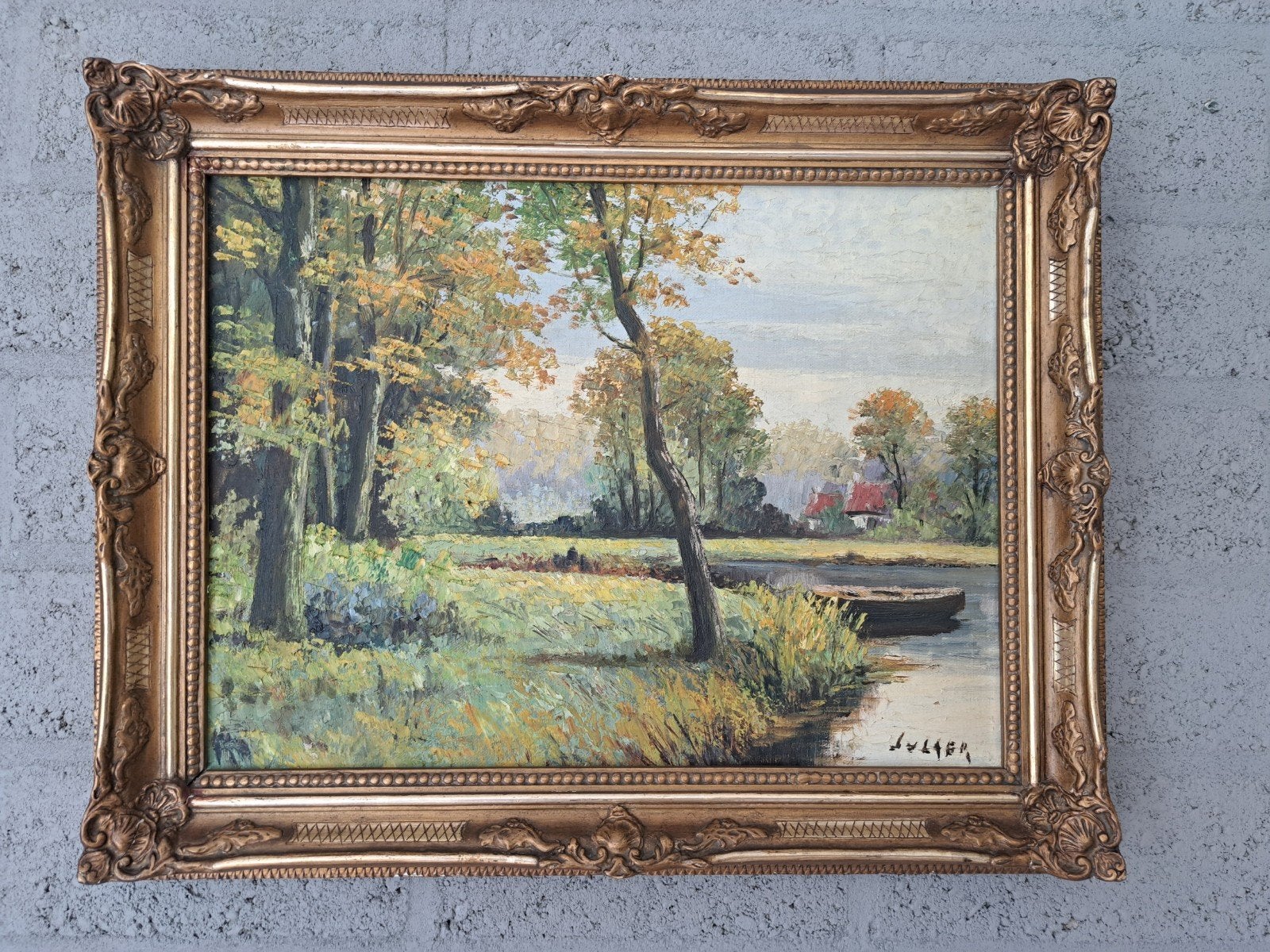 Schilderij met herfstlandschap en bootje, gesigneerd, Antiek en Kunst, Ophalen of Verzenden