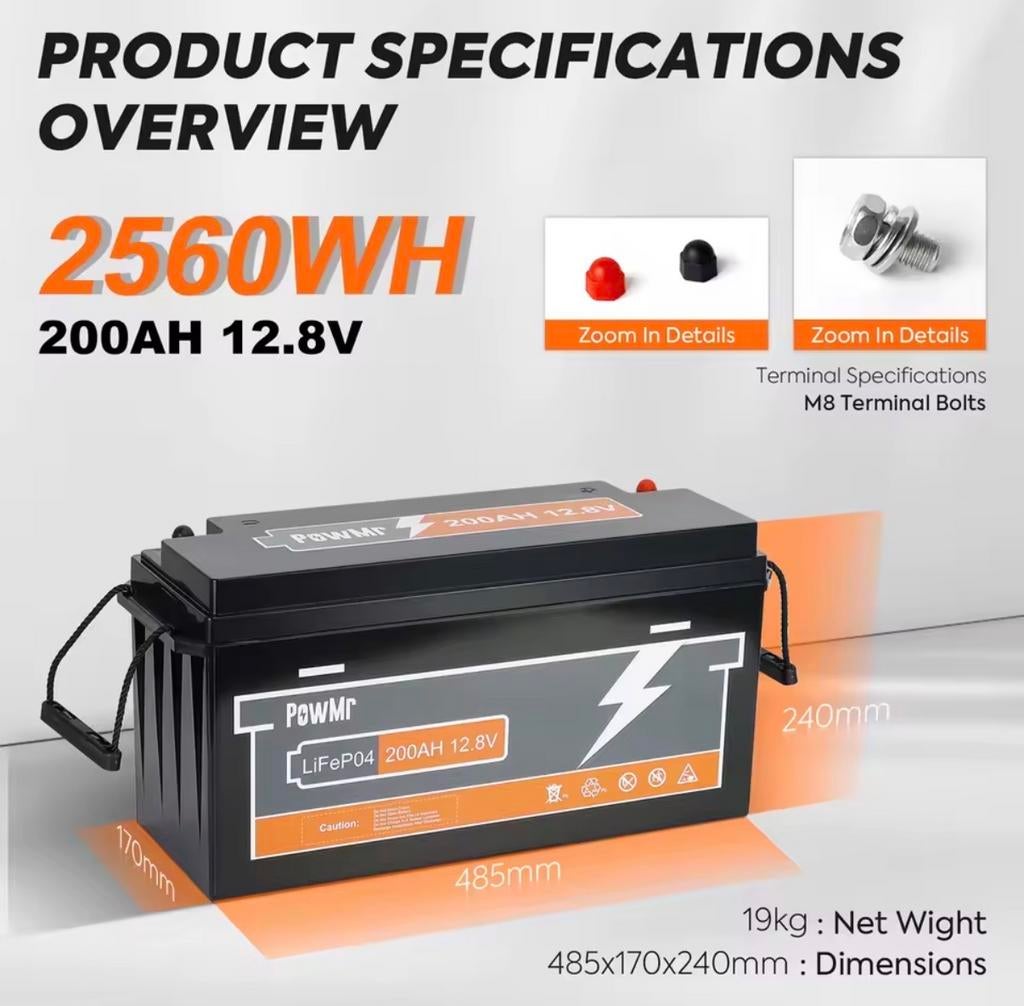 PowMr 200Ah LiFePO4 Accu 12.8V 2560Wh Solar Camper, Verzenden, Nieuw, Oplaadbaar