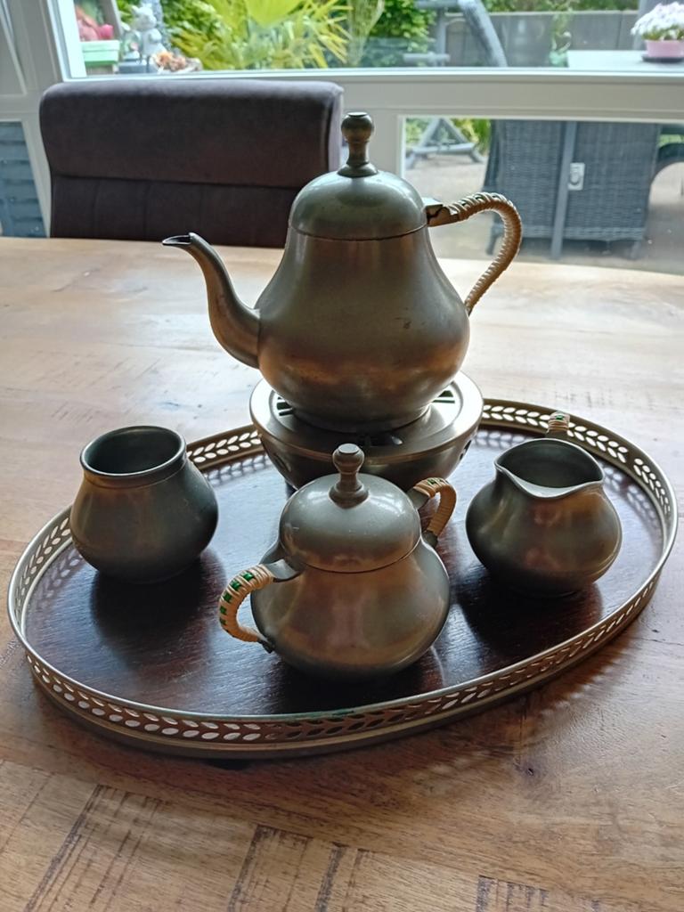 Tinnen Theeservies  met Dienblad, Antiek en Kunst, Ophalen of Verzenden