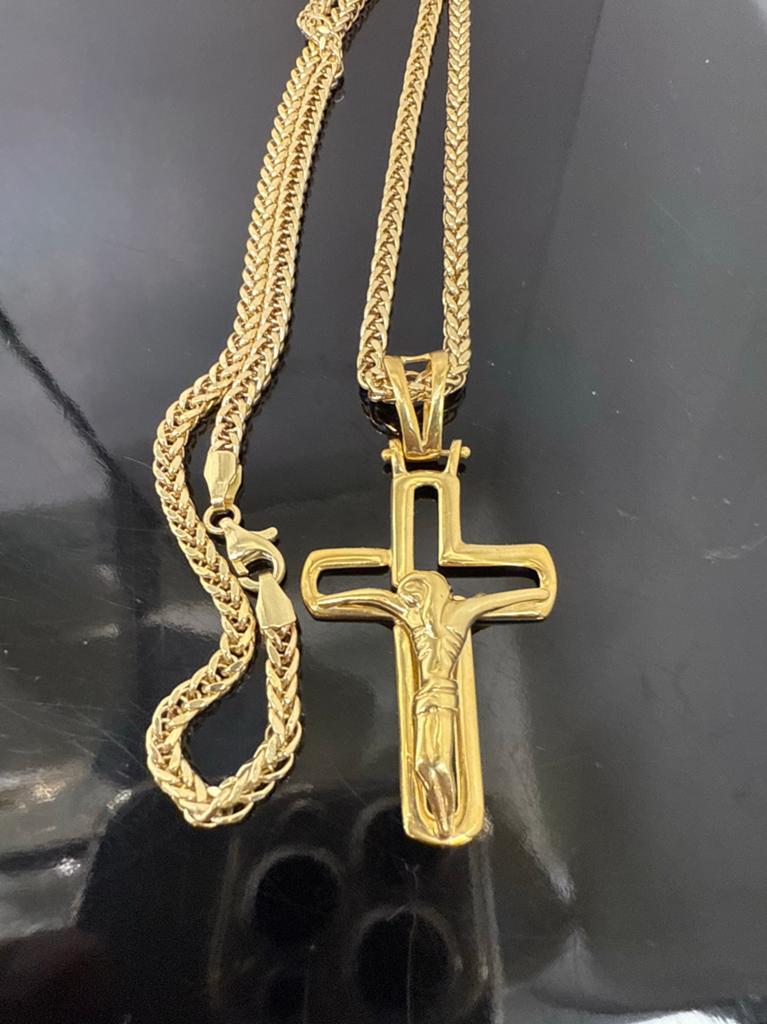 Prachtige 14k gouden vossenstaart ketting met kruis hanger, Ophalen of Verzenden, Nieuw, Goud