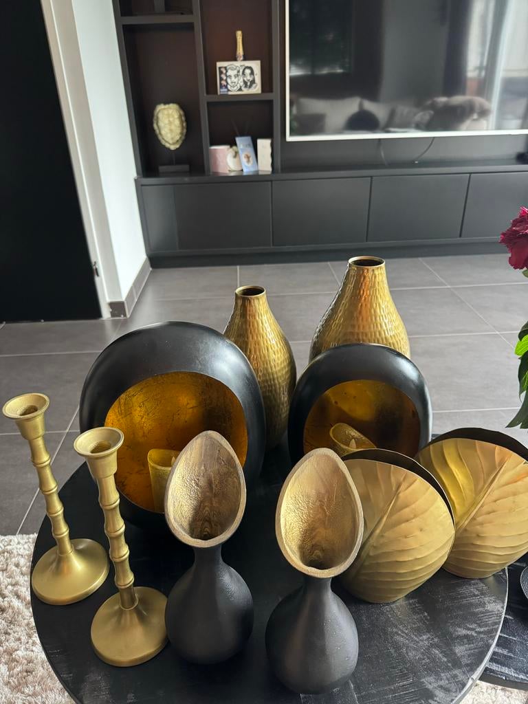 Set van 2 gouden decoratieve vazen/kandelaars en meer, Ophalen, Zo goed als nieuw, Metaal, Minder dan 25 cm