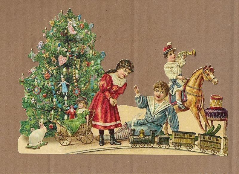 Kerst kinderen met treinbaan poezieplaatjes 5180, Verzamelen, Poesieplaatjes, Ophalen of Verzenden