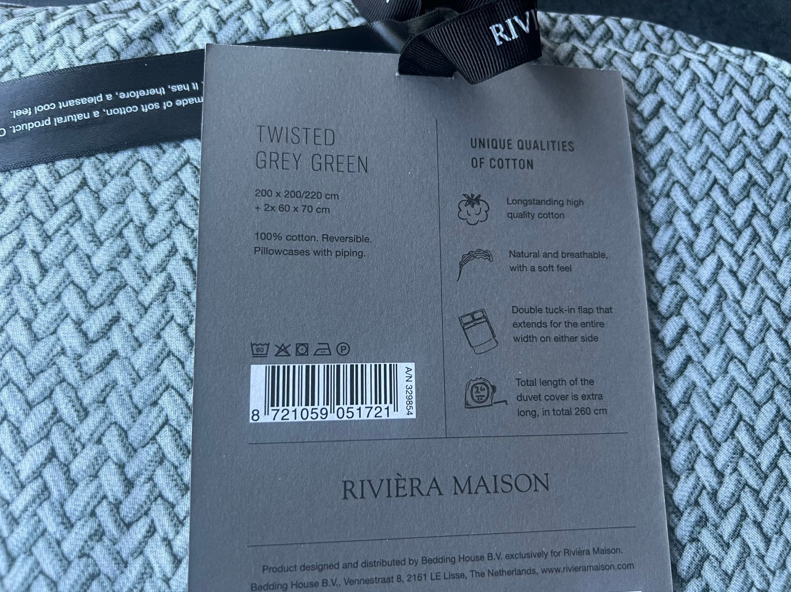 Riviera Maison dekbedovertrek Twisted Grey Green 200x200/220, Verzenden, Dekbedovertrek, Katoen, Riviera Maison