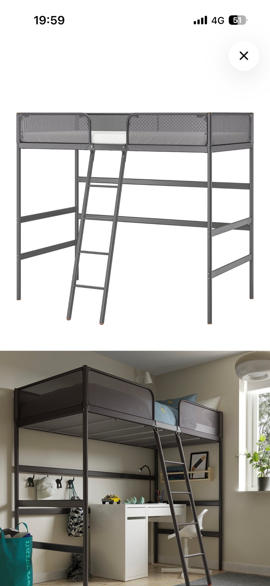 IKEA Tuffing Hoogslaper - Grijs, 90x200 cm incl. Matras, Eenpersoons, Ophalen of Verzenden, Zo goed als nieuw, 200 cm