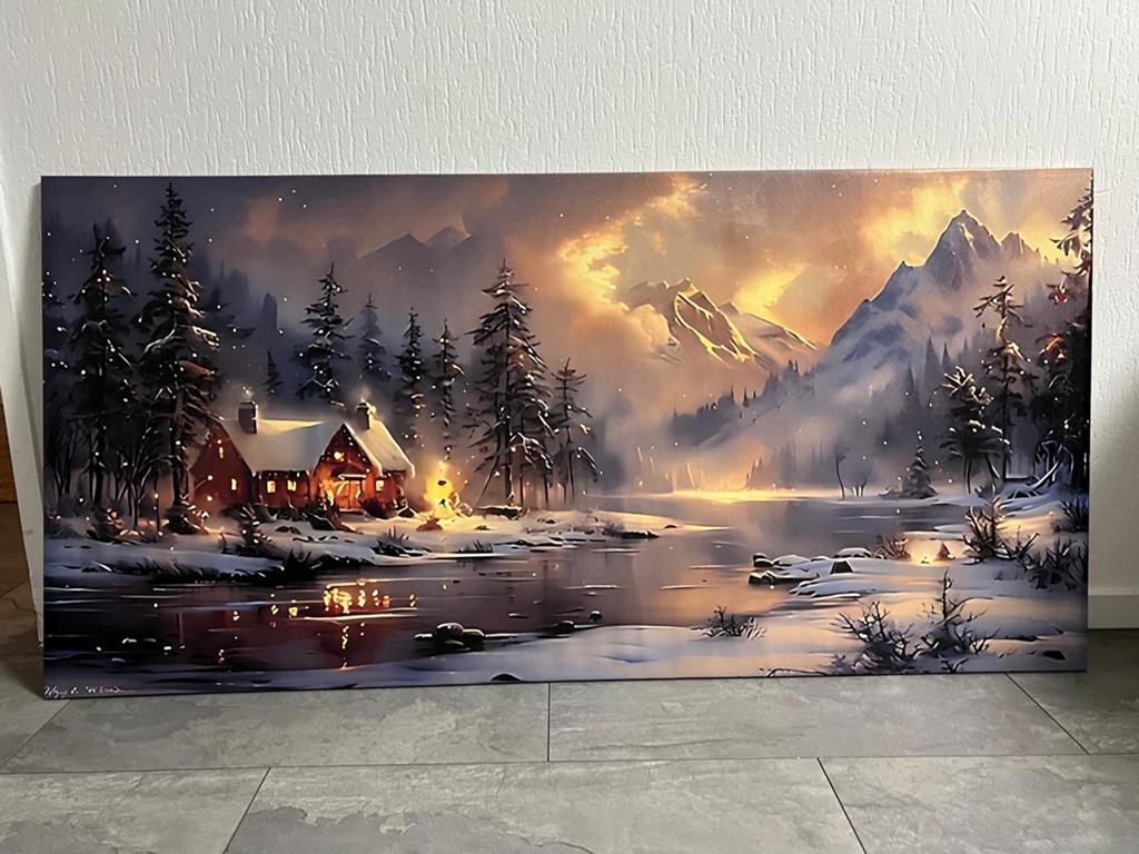 Schilderij Winterlandschap met Verlicht Huisje, Ophalen of Verzenden