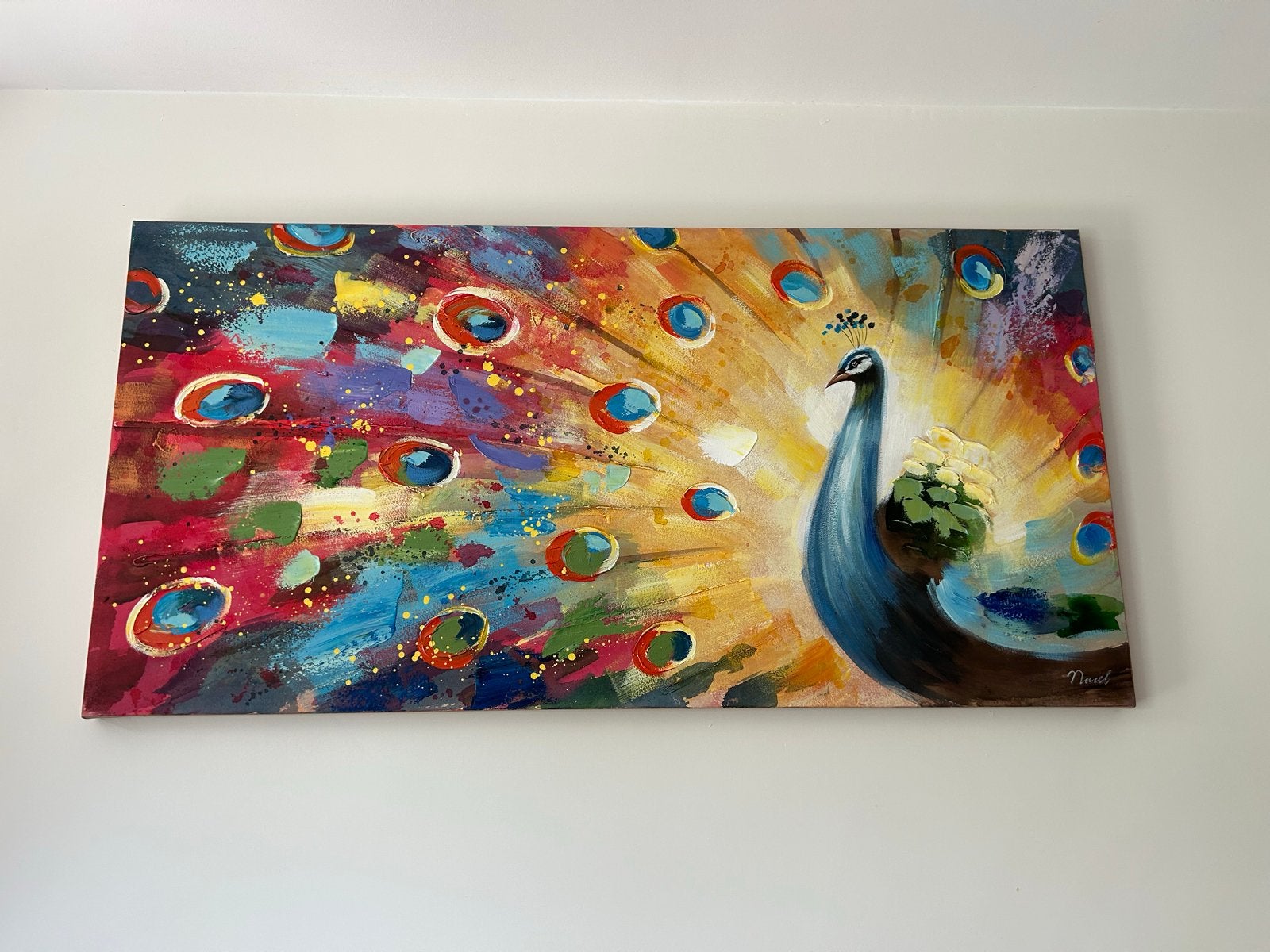 Prachtig handgeschilderd schilderij - Pauw - 140x70 cm, Ophalen, Handgeschilderd, Dieren