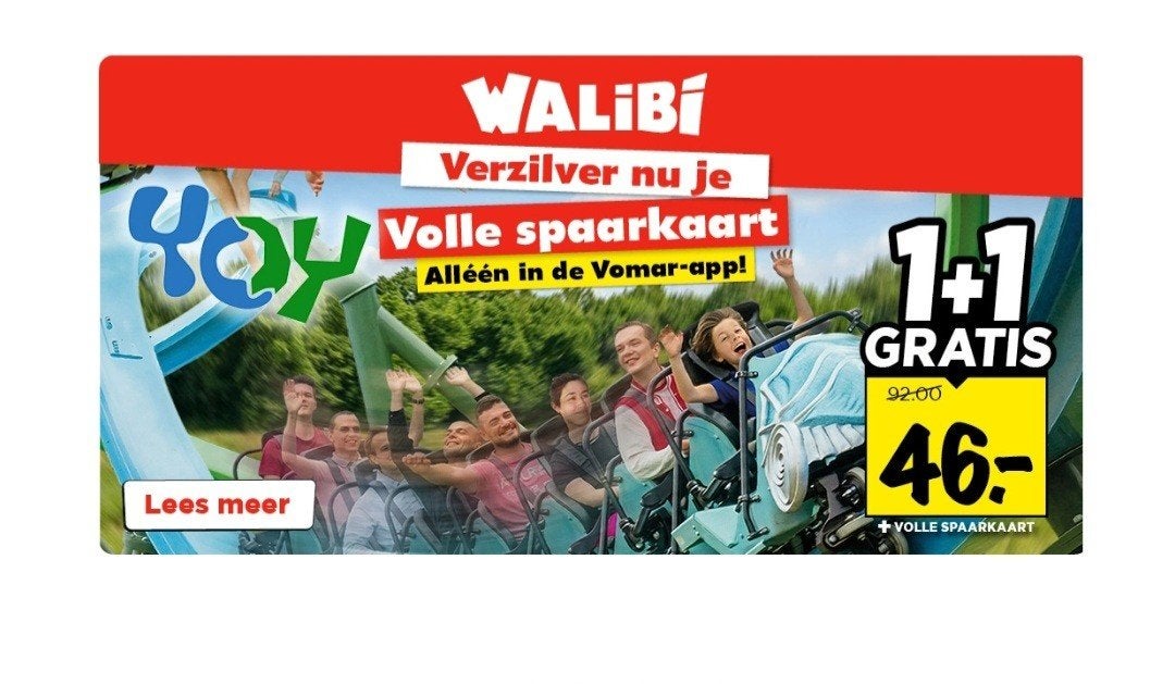 Walibi, kortingcode voor 1+1 kaartje gratis, Twee personen, Kortingskaart