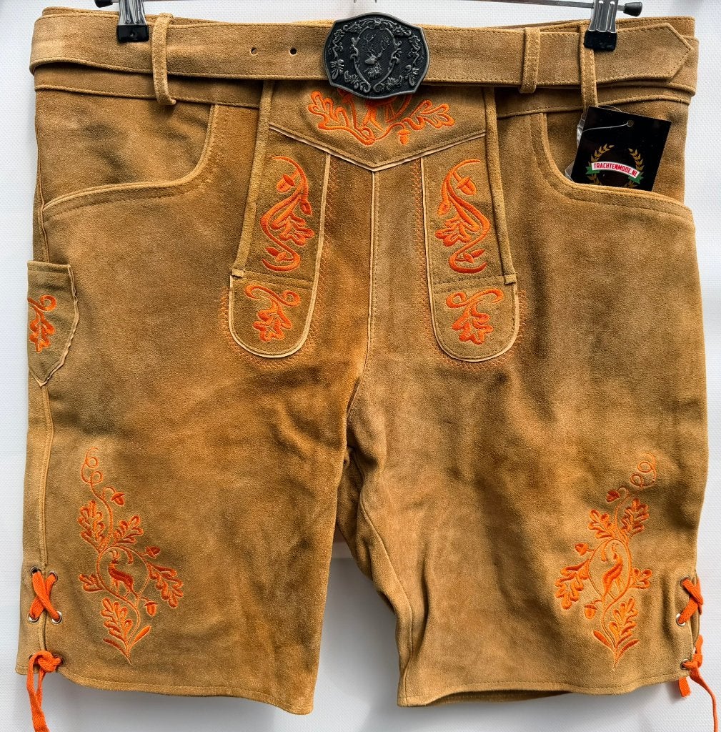 Heren lederhosen kort maat 48 tm 58 echt leer riem oranje, Maat 52/54 (L), Nieuw, Ophalen of Verzenden, Kleding