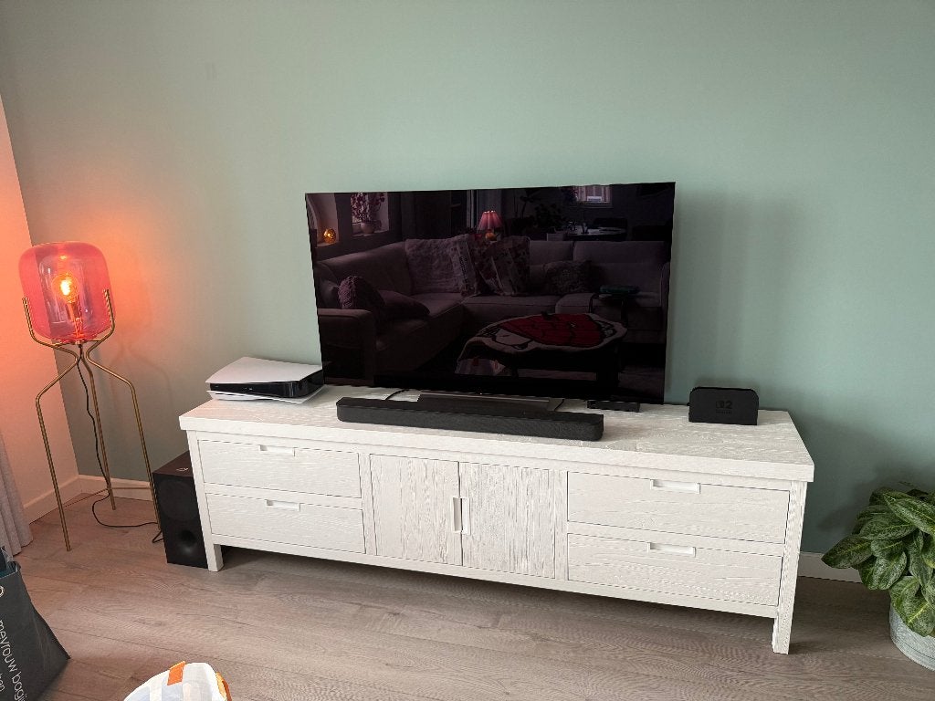 Pronto TV-meubel Stretto White – 204 cm breed, Ophalen, Mindi hout in de kleur wit, Zo goed als nieuw, 200 cm of meer