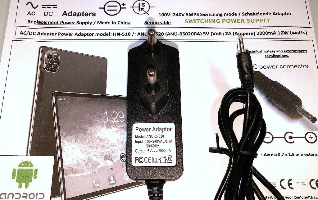 ANU-Q-520 ANU-050200A Android Tablet 5V 2A Adapter Oplader, Audio, Tv en Foto, Opladers, Ophalen of Verzenden, Nieuw