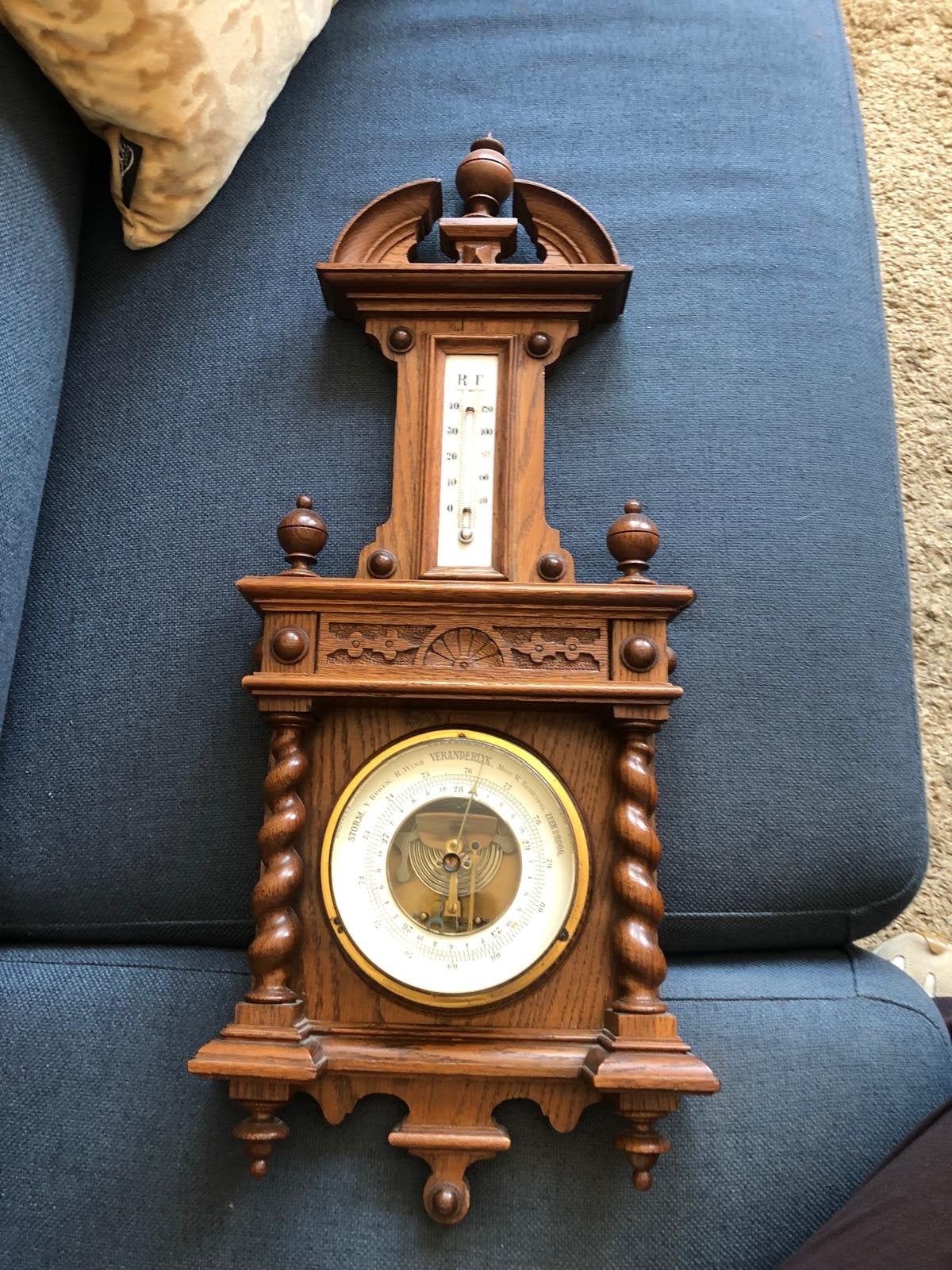 Antieke Barometer met Thermometer - Houten Behuizing, Ophalen, Gebruikt, Barometer
