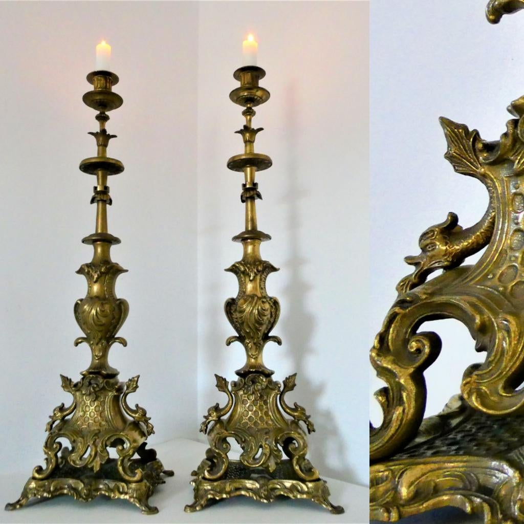 2 Unieke grote bronzen kandelaars kandelaar met 2 vissen, Ophalen of Verzenden, Koper of Brons