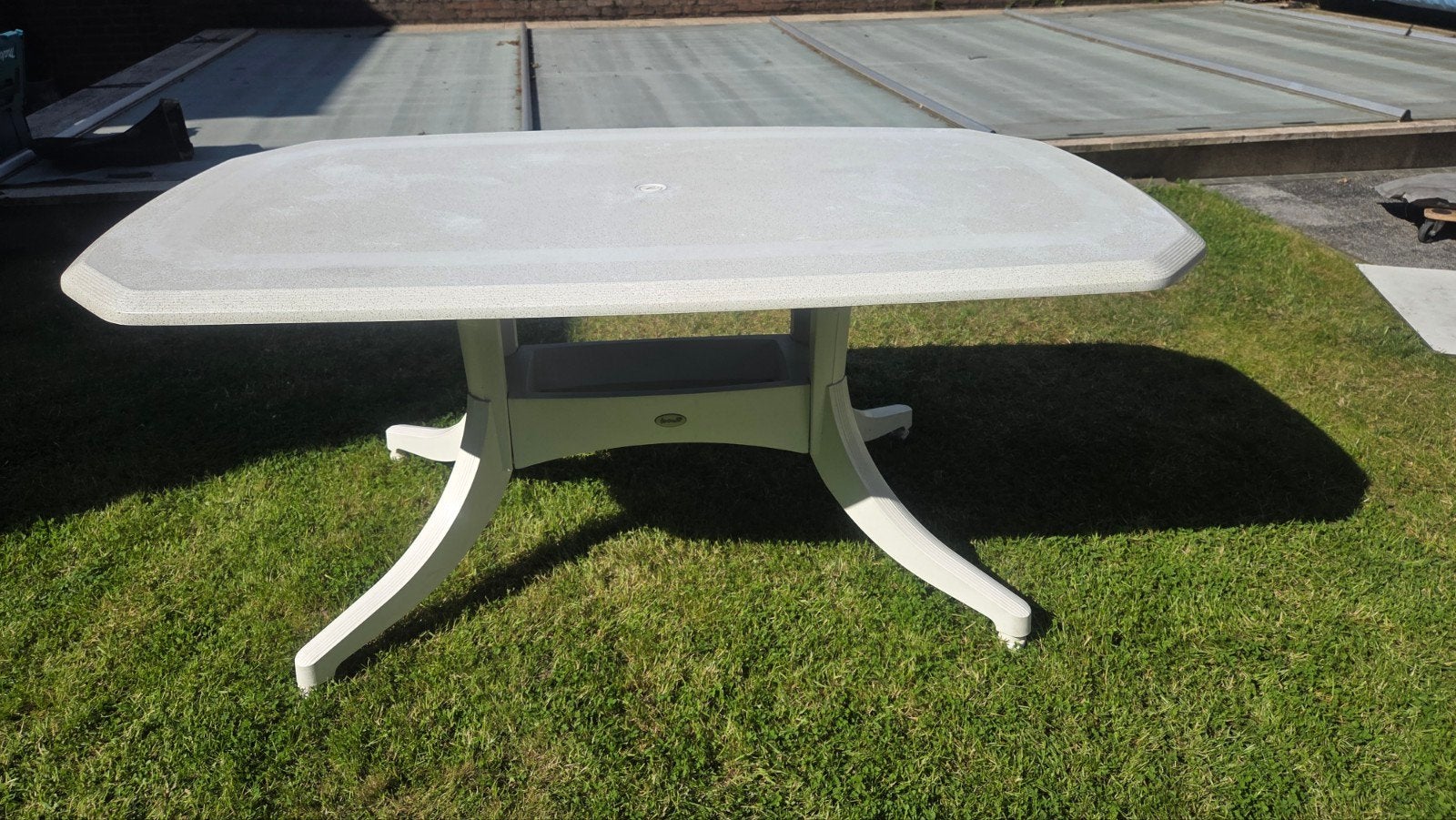 Hartman tuintafel en stoel - Gebruikt, maar functioneel, Tuin en Terras, Ophalen, Gebruikt, Rechthoekig, Kunststof