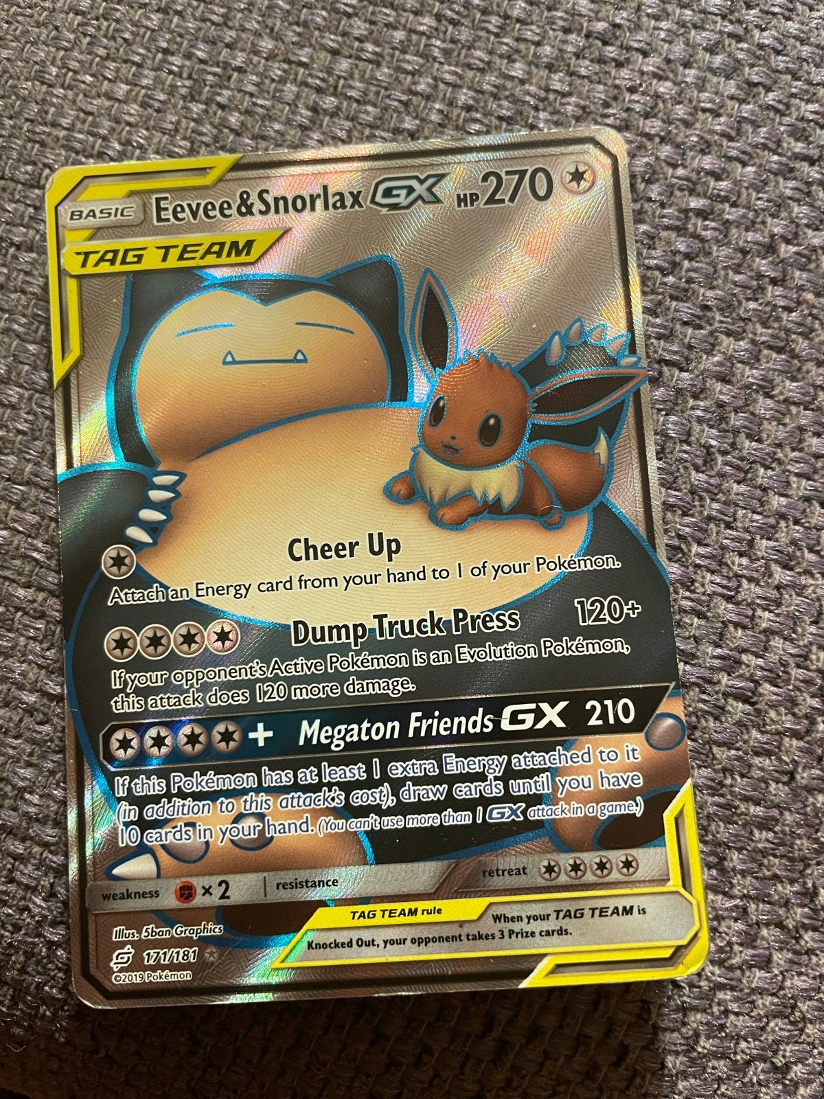 Pokémon Kaart Eevee & Snorlax GX TAG TEAM 171/181, Ophalen of Verzenden, Zo goed als nieuw, Losse kaart