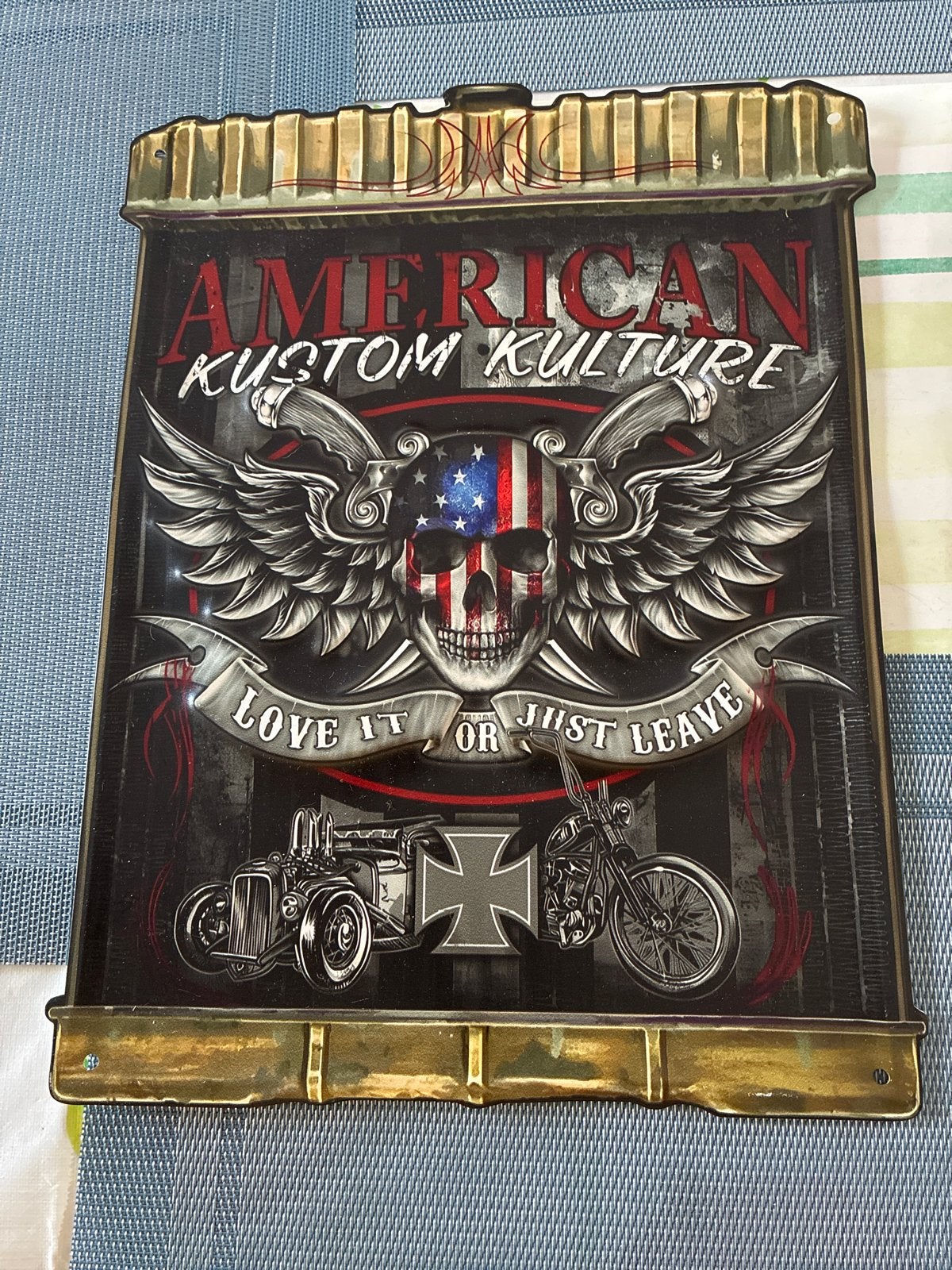 American Kustom Kulture Wanddecoratie - Skull & Motoren, Metaal, Decoratieobject, Ophalen of Verzenden, Zo goed als nieuw