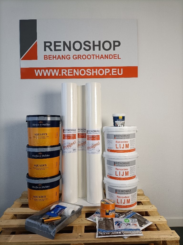 Renovlies 150m2 met lijm en 30 liter latex Schrobklasse 1, Ophalen, 75 m² of meer, Wit, Renovlies