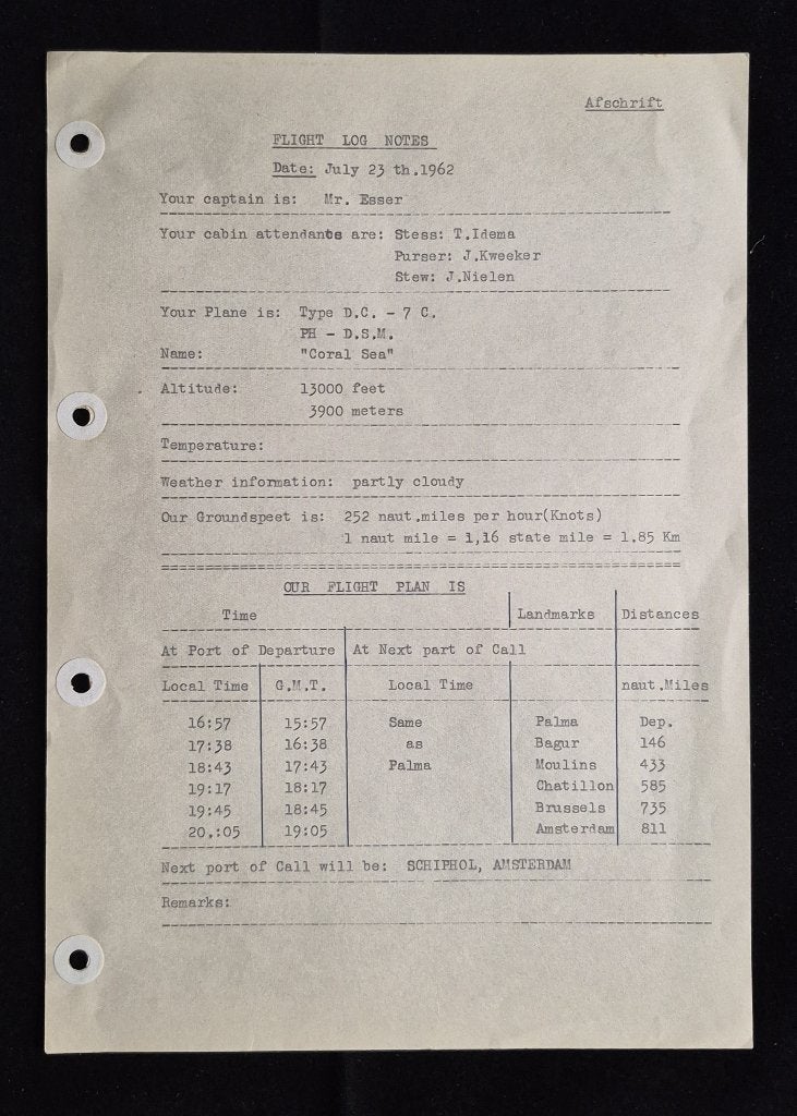 Flight Log van de KLM DC-7C PH-DSM van 23 juli 1962 (K1266), Ophalen of Verzenden, Gebruikt, Kaart, Foto of Prent