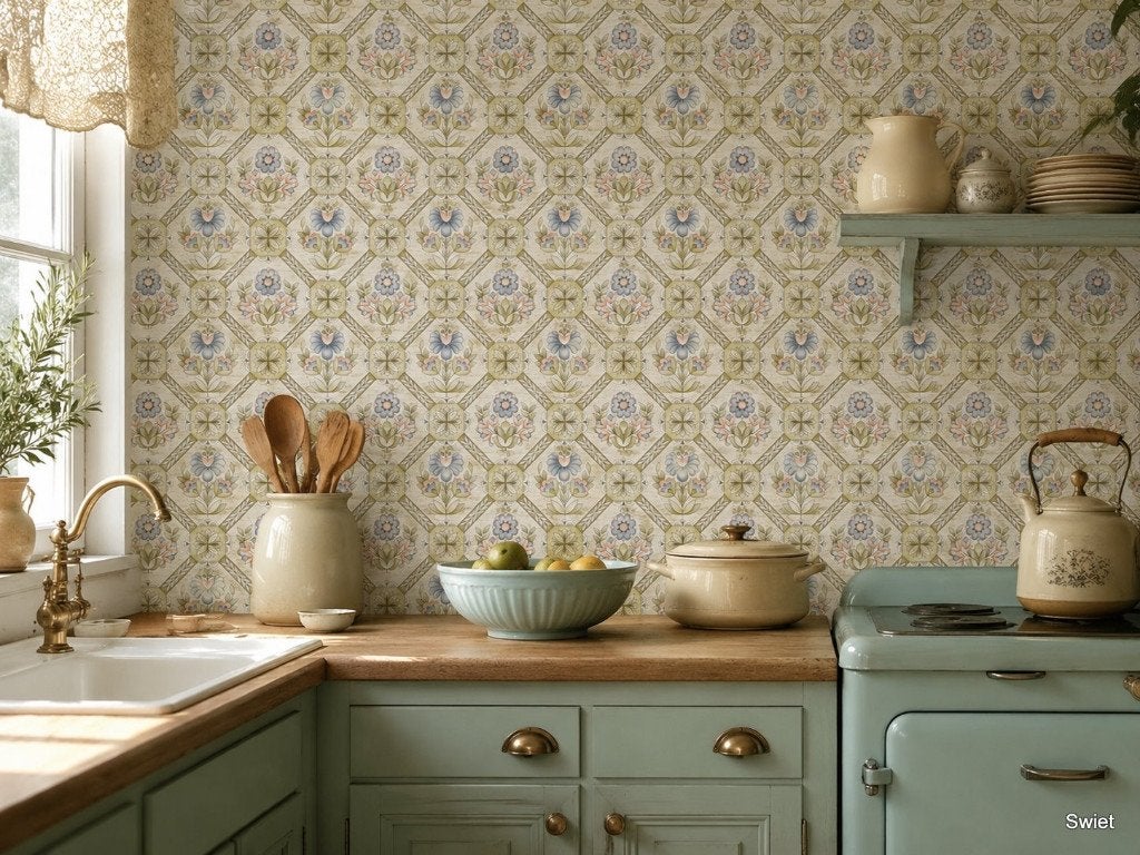 13947 retro behang bloemen ruit pastel seventies stijl swiet, Ophalen of Verzenden, Blauw